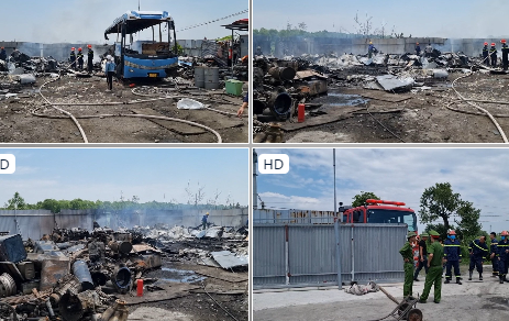 Cháy bãi phế liệu ô tô cũ hỏng ở khu vực Cầu Sẽ, Mỹ Đức, An Lão